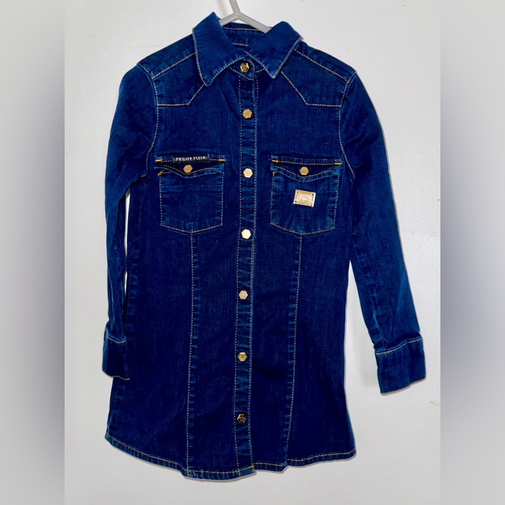 Philipp Plein Petite Girls Denim Blue Shirt Dress with Rhinestone Skull size 4